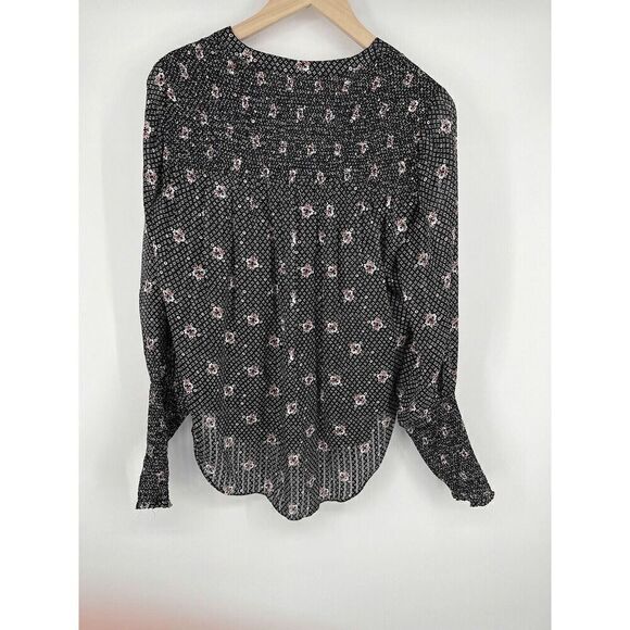 Veronica Beard Maree Size 6 Black Floral Silk Blouse Smocked Bishop Sleeve - Picture 4 of 4